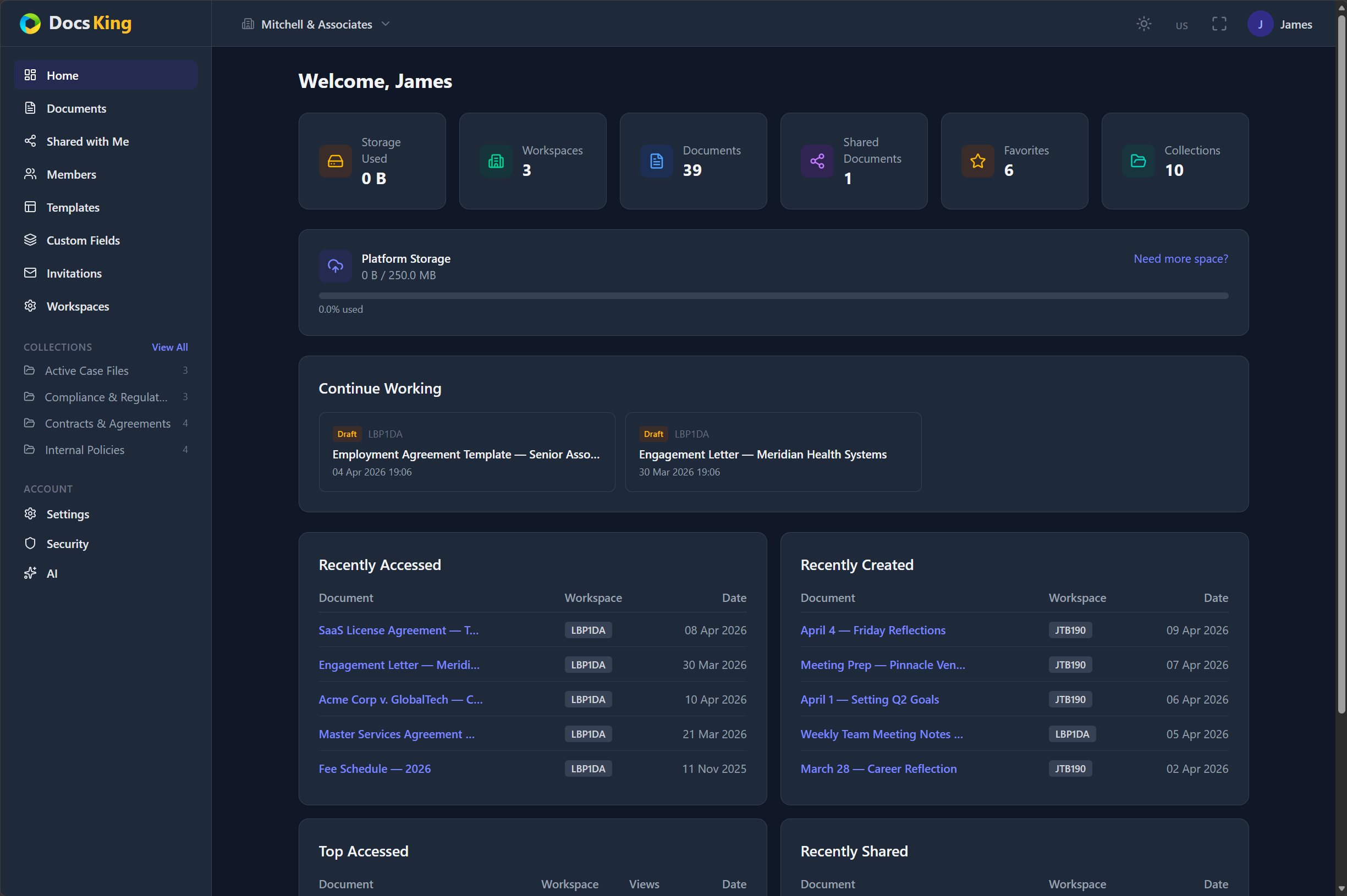 DocsKing dashboard showing workspaces, documents, and recent activity